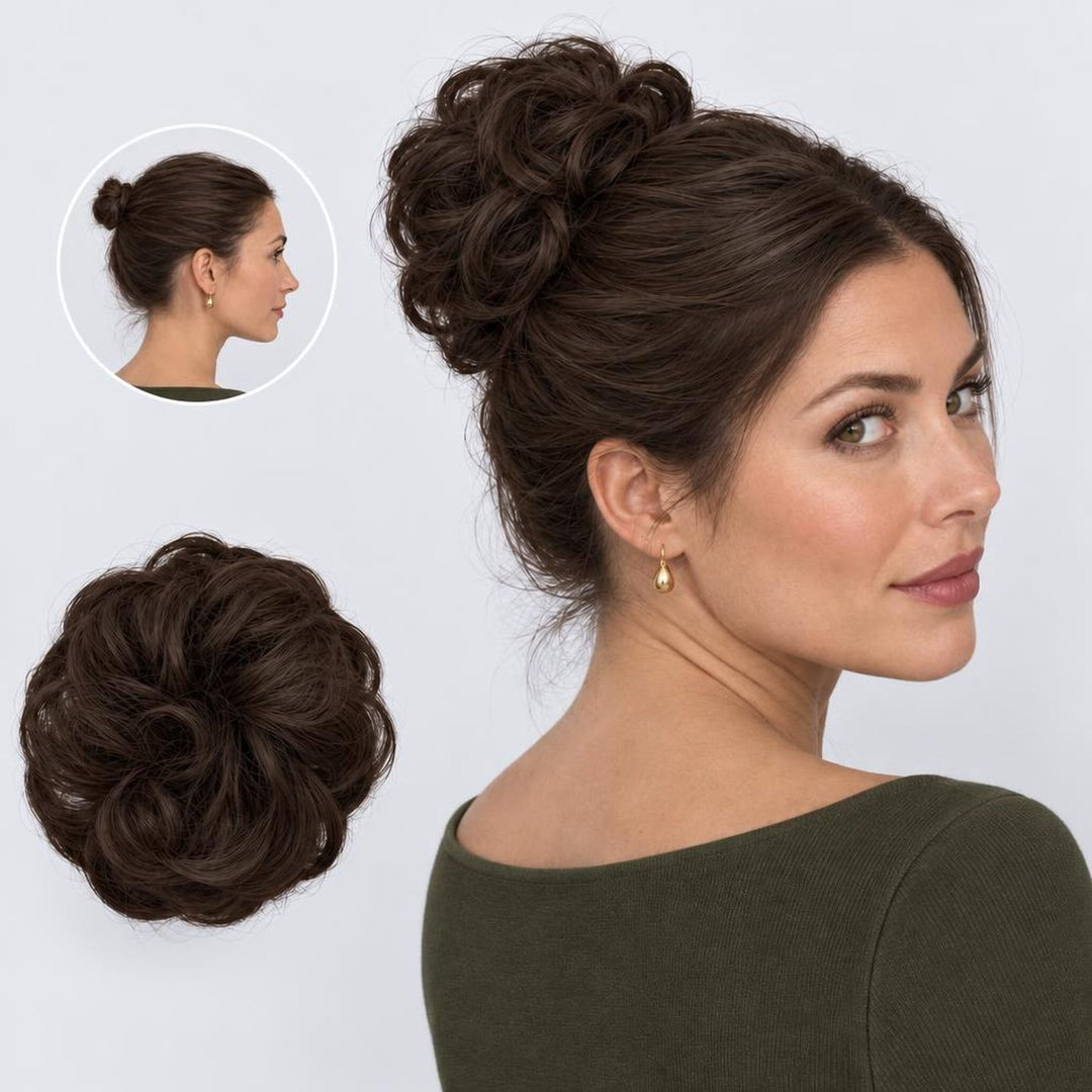 Tangled Scrunchie i Dark Brown – lockig löshårstofs, visad lös och uppsatt på modell